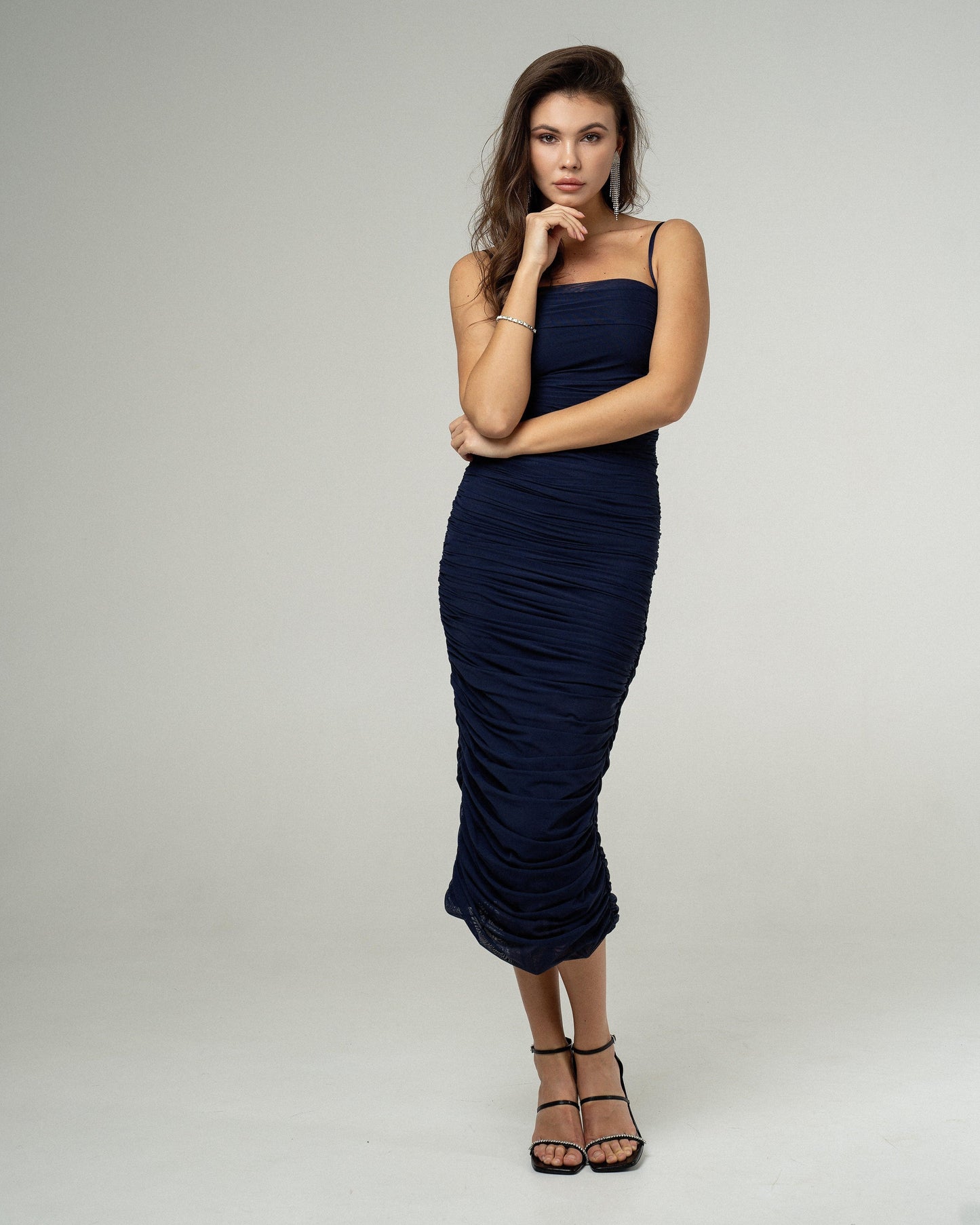 Stylish Navy Ruched Midi Dress by Zlitay