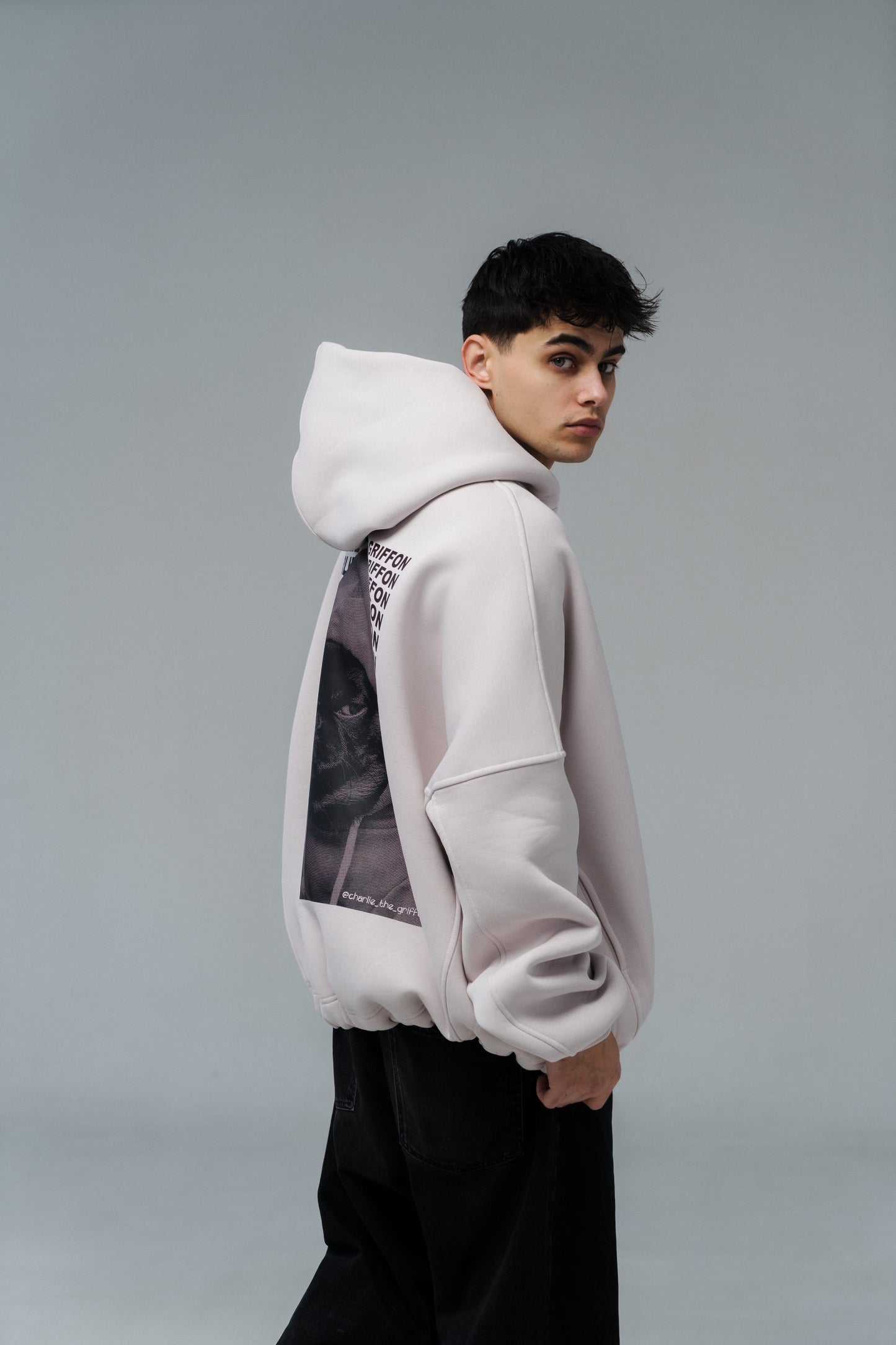 Unisex Oversized Fleece Hoodie with Exclusive Charlie Griffon Print – White Sand Color