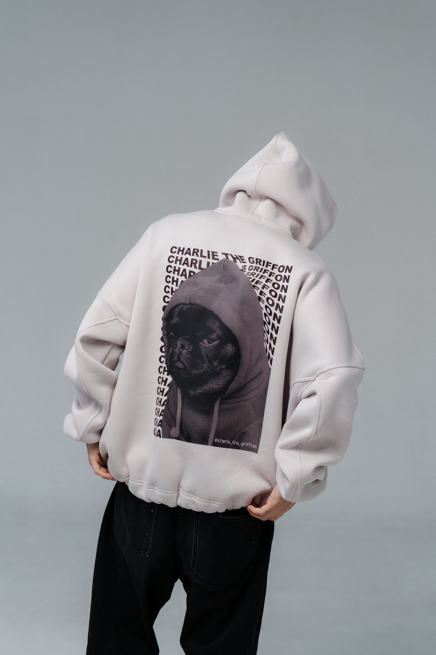 Unisex Oversized Fleece Hoodie with Exclusive Charlie Griffon Print – White Sand Color
