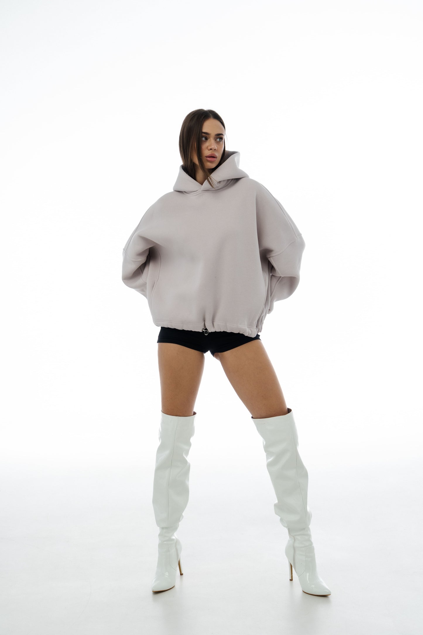 Unisex Oversized Fleece Hoodie with Exclusive Charlie Griffon Print – White Sand Color