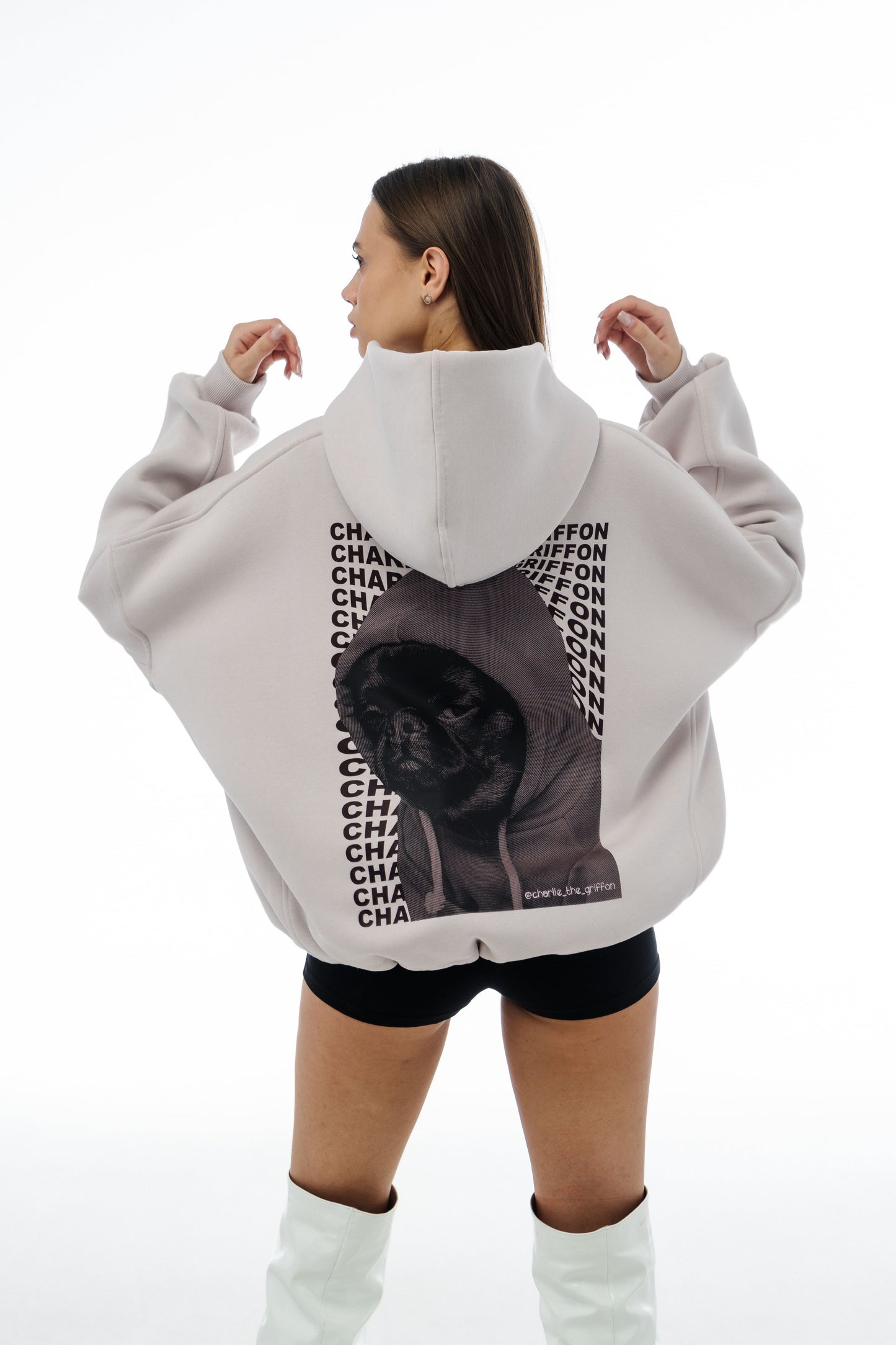 Unisex Oversized Fleece Hoodie with Exclusive Charlie Griffon Print – White Sand Color