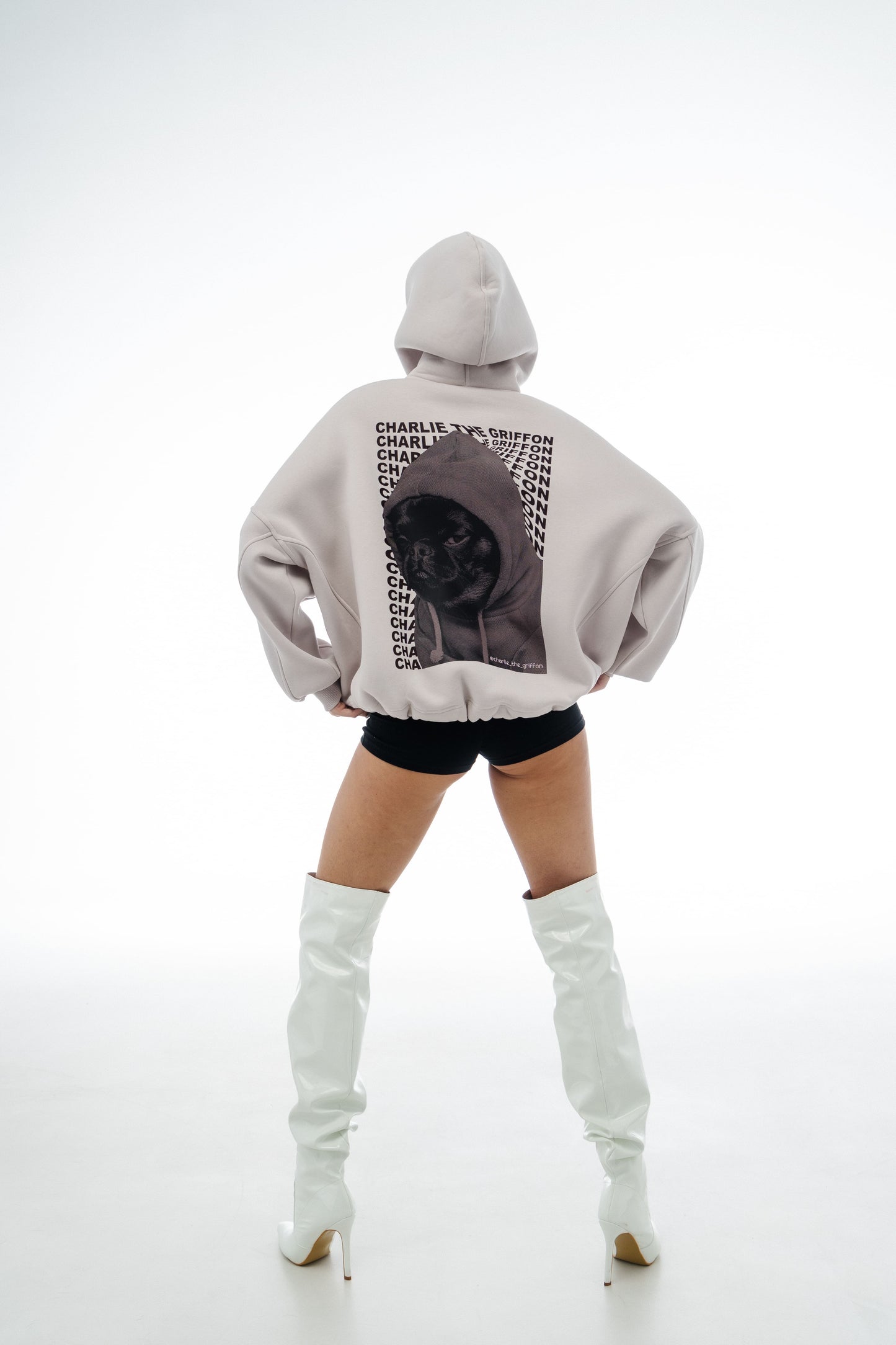 Unisex Oversized Fleece Hoodie with Exclusive Charlie Griffon Print – White Sand Color