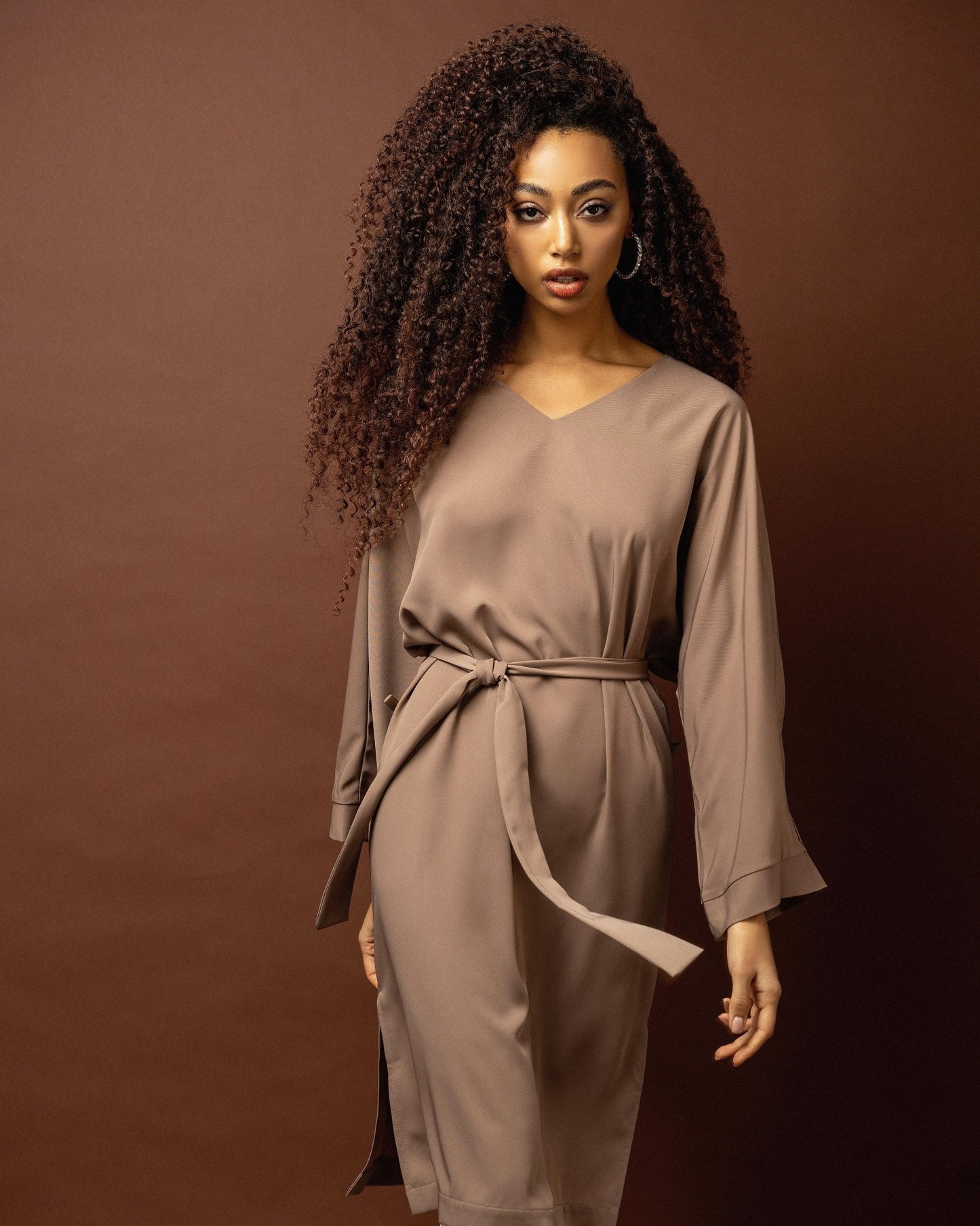 Beige Loose - Fit Dress with Wide Sleeves by Zlitay - Zlitay