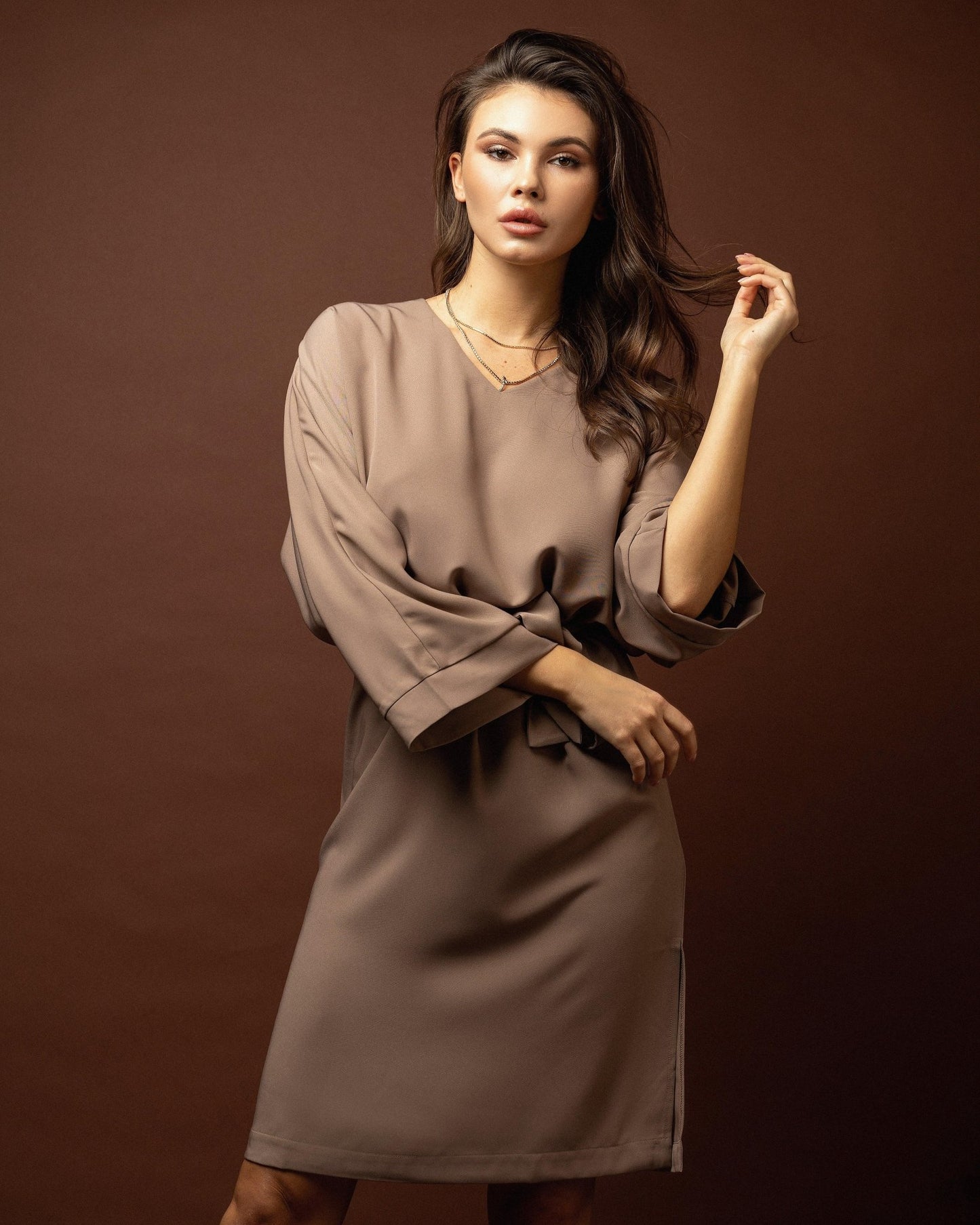 Beige Loose - Fit Dress with Wide Sleeves by Zlitay - Zlitay