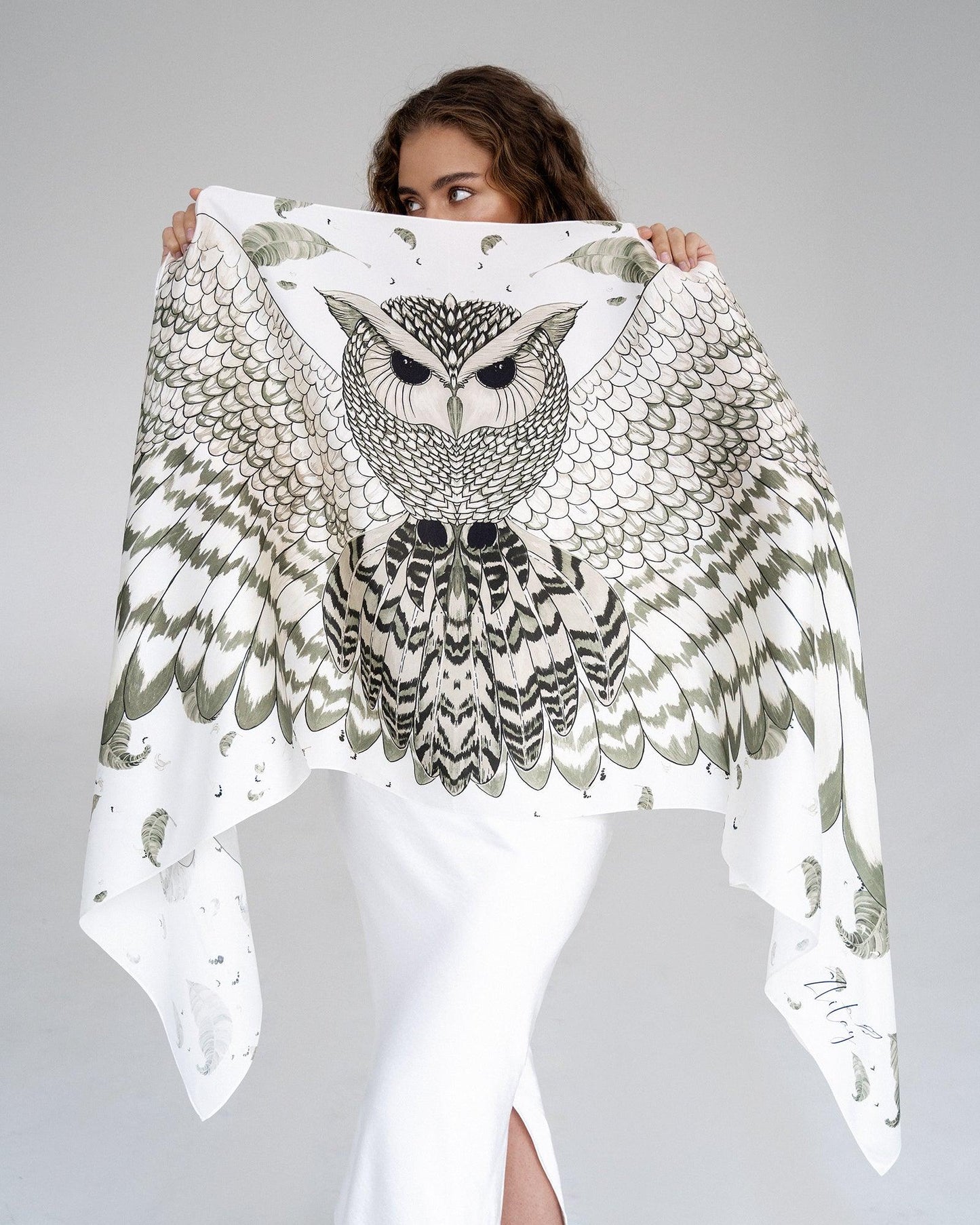 "Mysterious White Owl" Silk Shawl by Zlitay - Zlitay