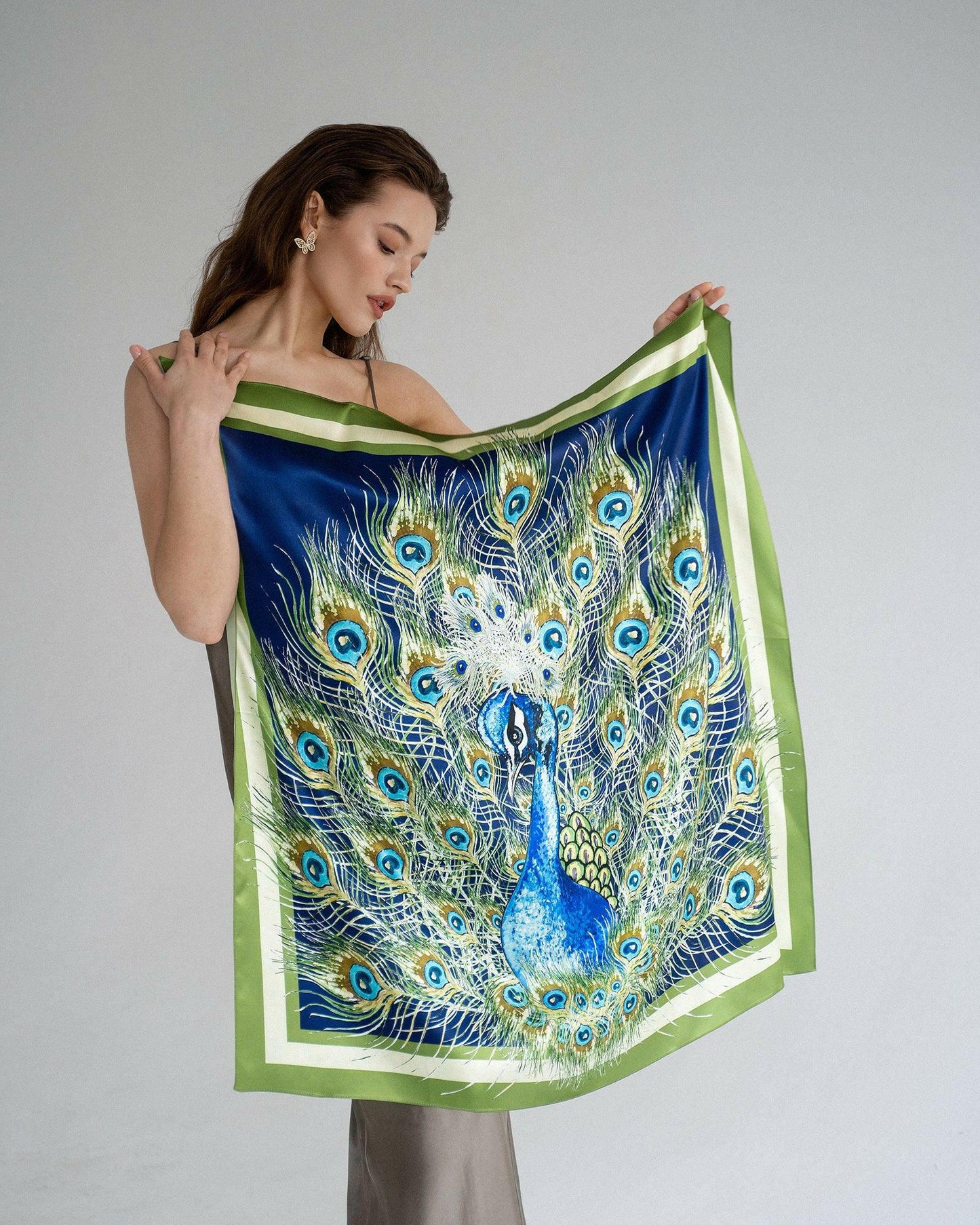 Silk Scarf with Peacock Design - Zlitay