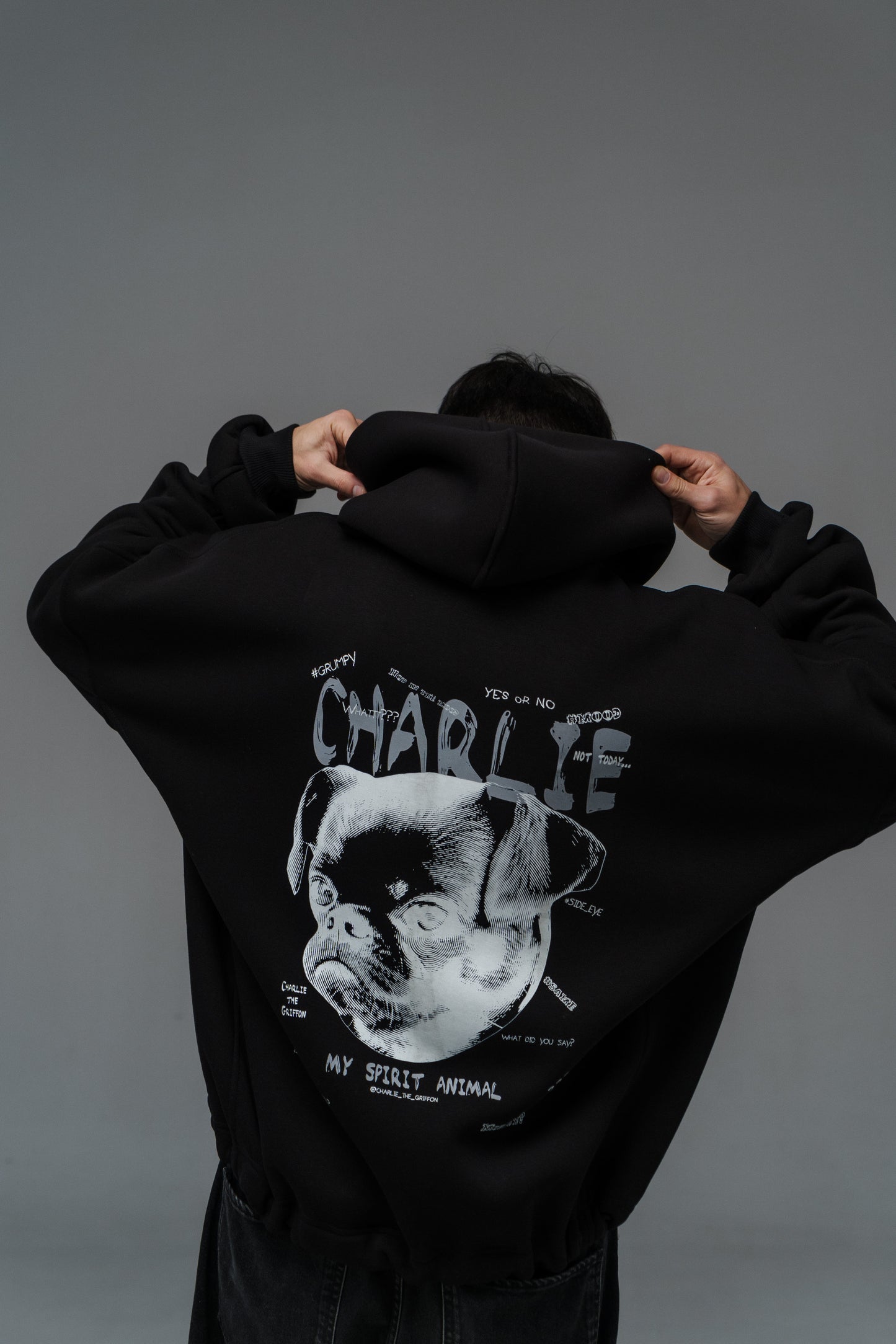 Unisex Oversized Hoodie with Exclusive Charlie Griffon Print - Black Color