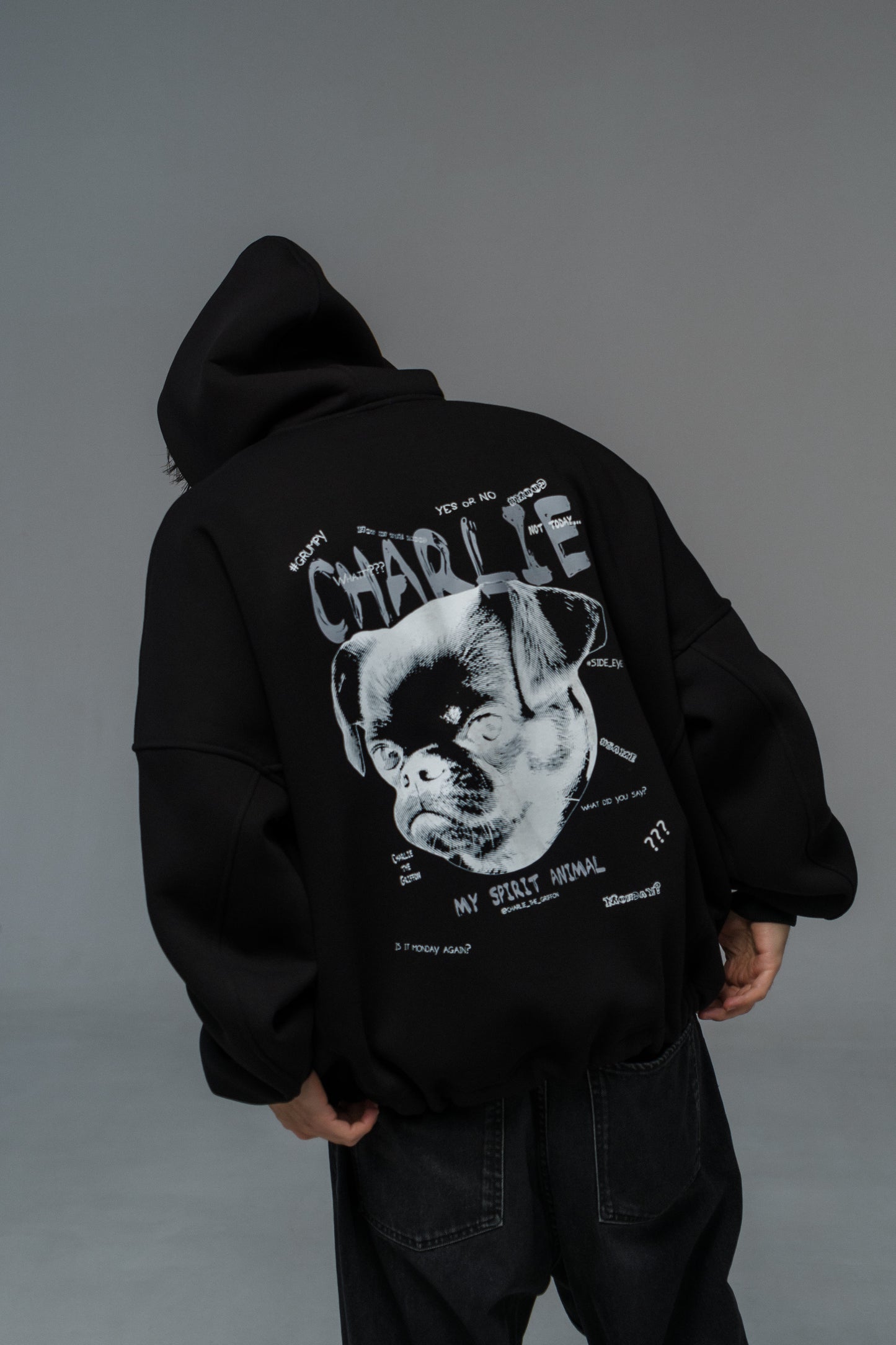 Unisex Oversized Hoodie with Exclusive Charlie Griffon Print - Black Color