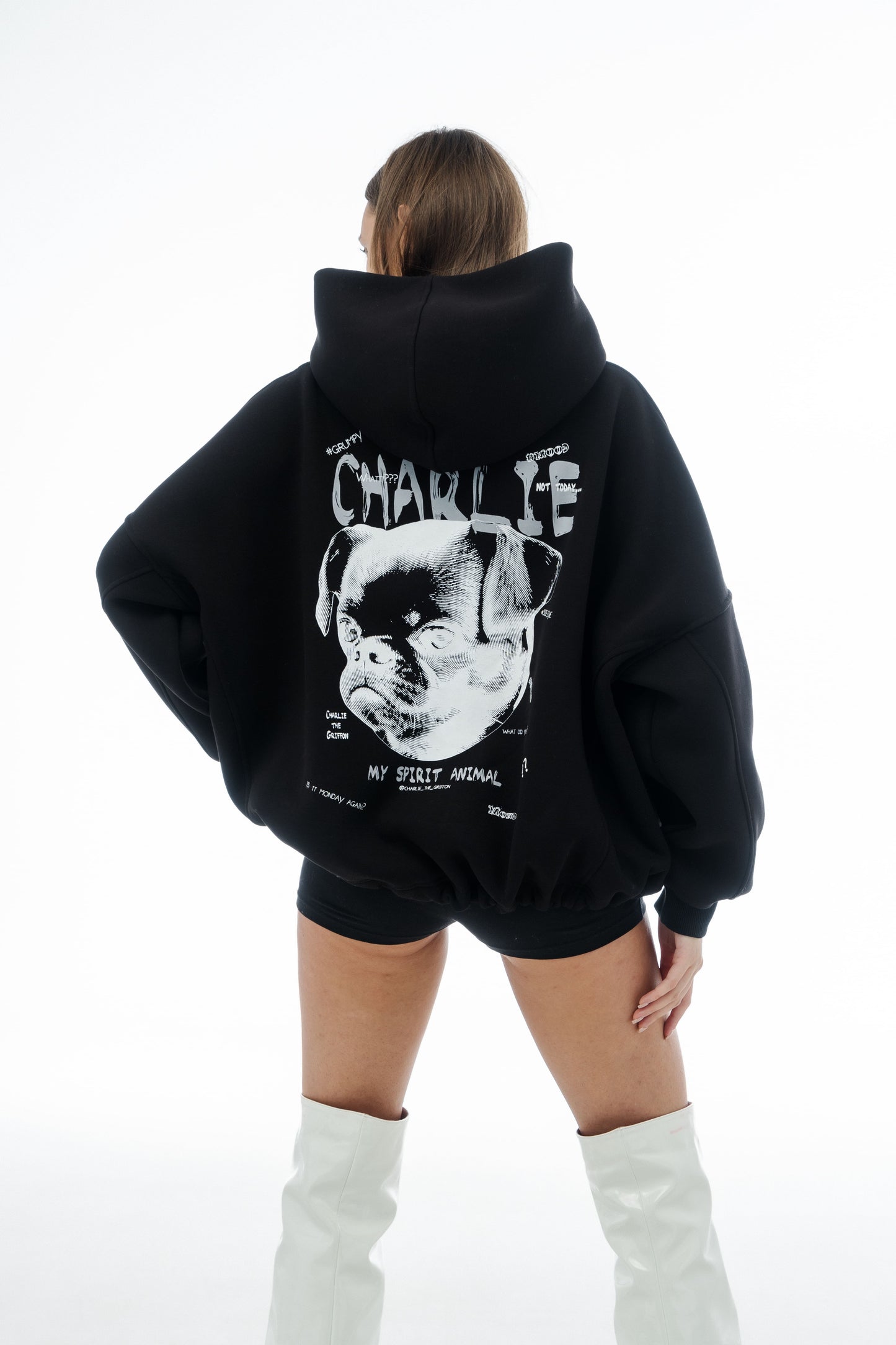 Unisex Oversized Hoodie with Exclusive Charlie Griffon Print - Black Color