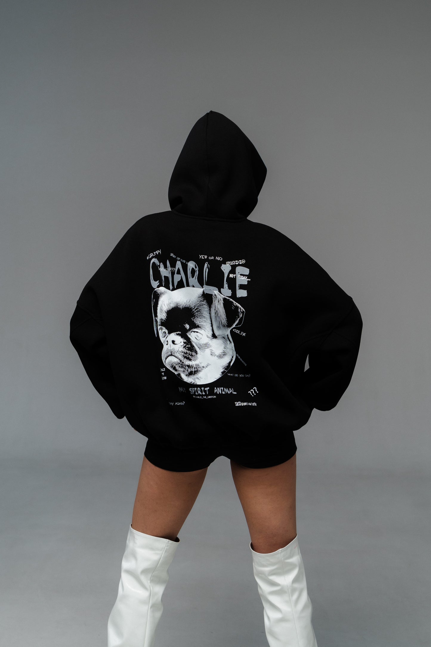 Unisex Oversized Hoodie with Exclusive Charlie Griffon Print - Black Color