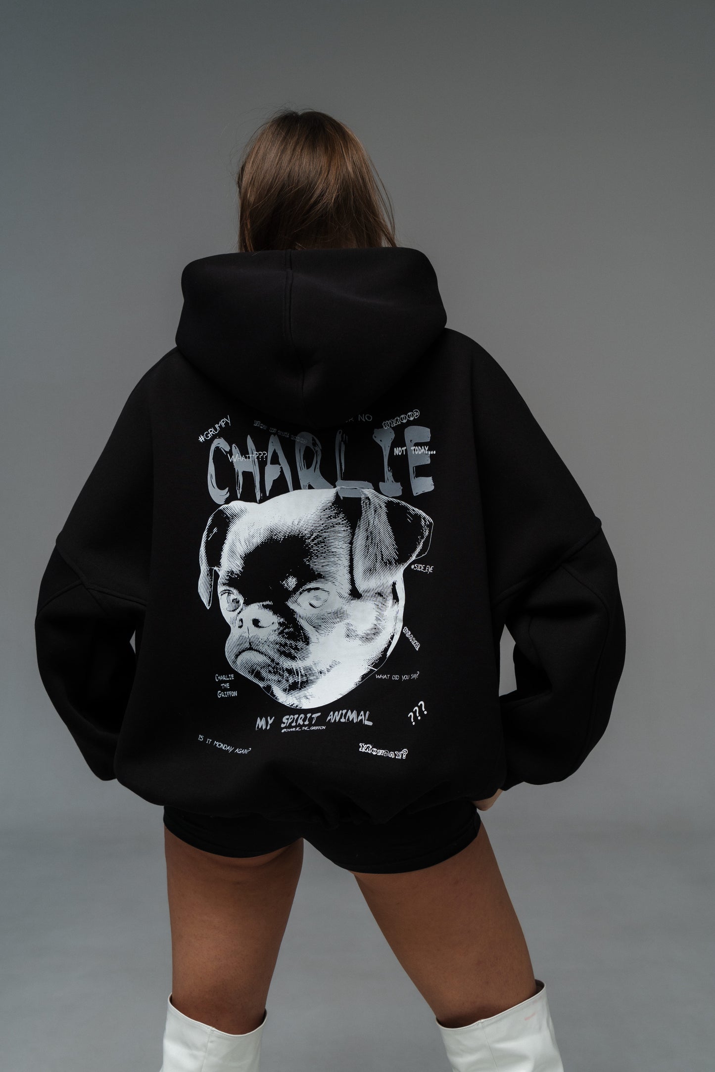 Unisex Oversized Hoodie with Exclusive Charlie Griffon Print - Black Color