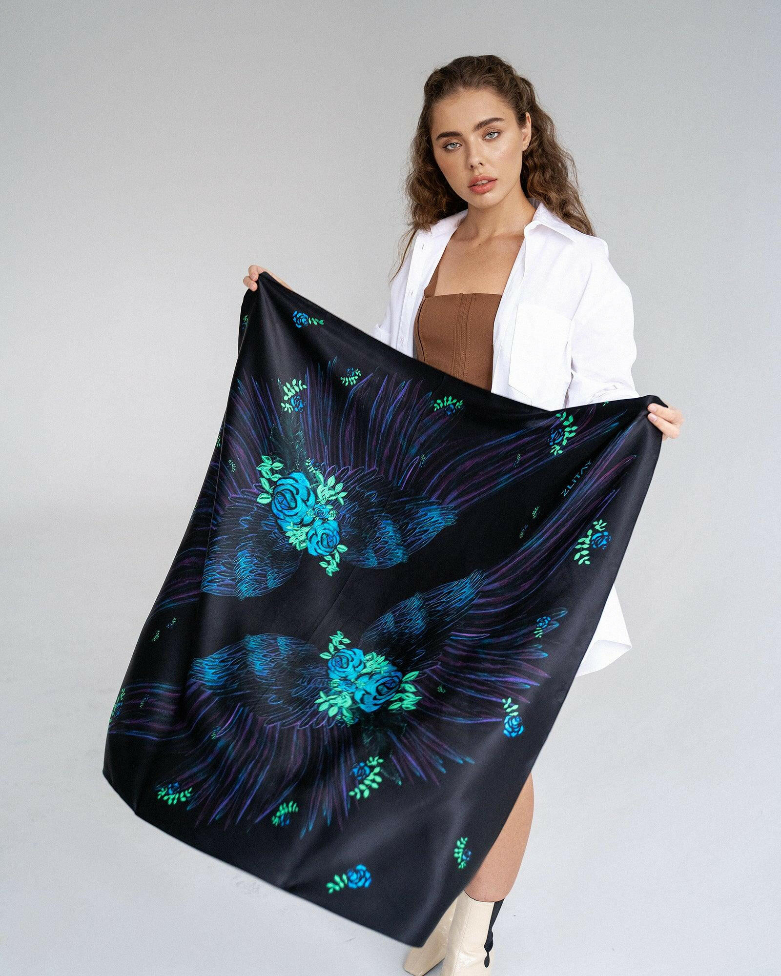 Neon Blue Silk Scarf with Wing and Rose Design - Zlitay