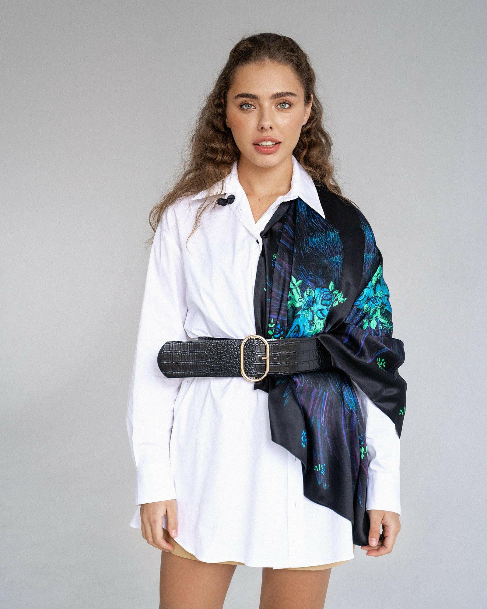 Neon Blue Silk Scarf with Wing and Rose Design - Zlitay