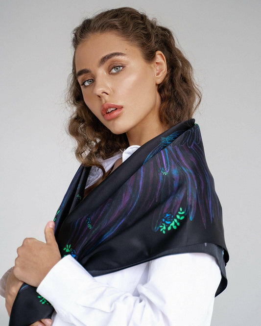 Neon Blue Silk Scarf with Wing and Rose Design - Zlitay