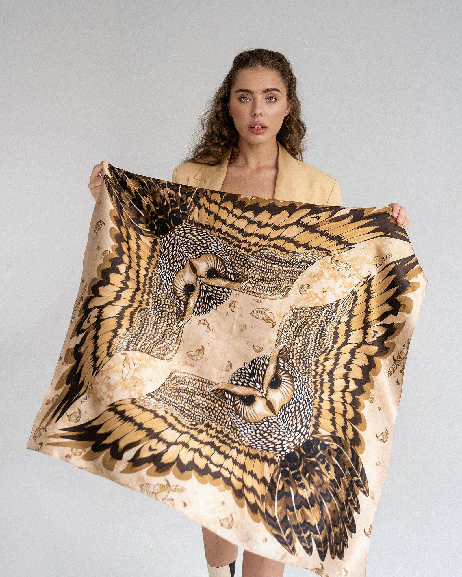 Silk Scarf "Owl with Wings" by Zlitay – 100% Natural Silk - Zlitay