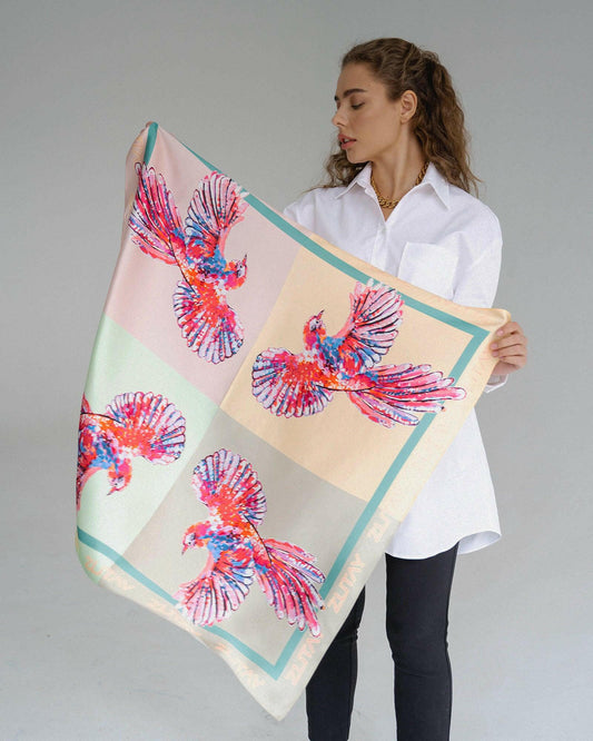 Silk Scarf with Paradise Bird in Color - Block Style - Zlitay