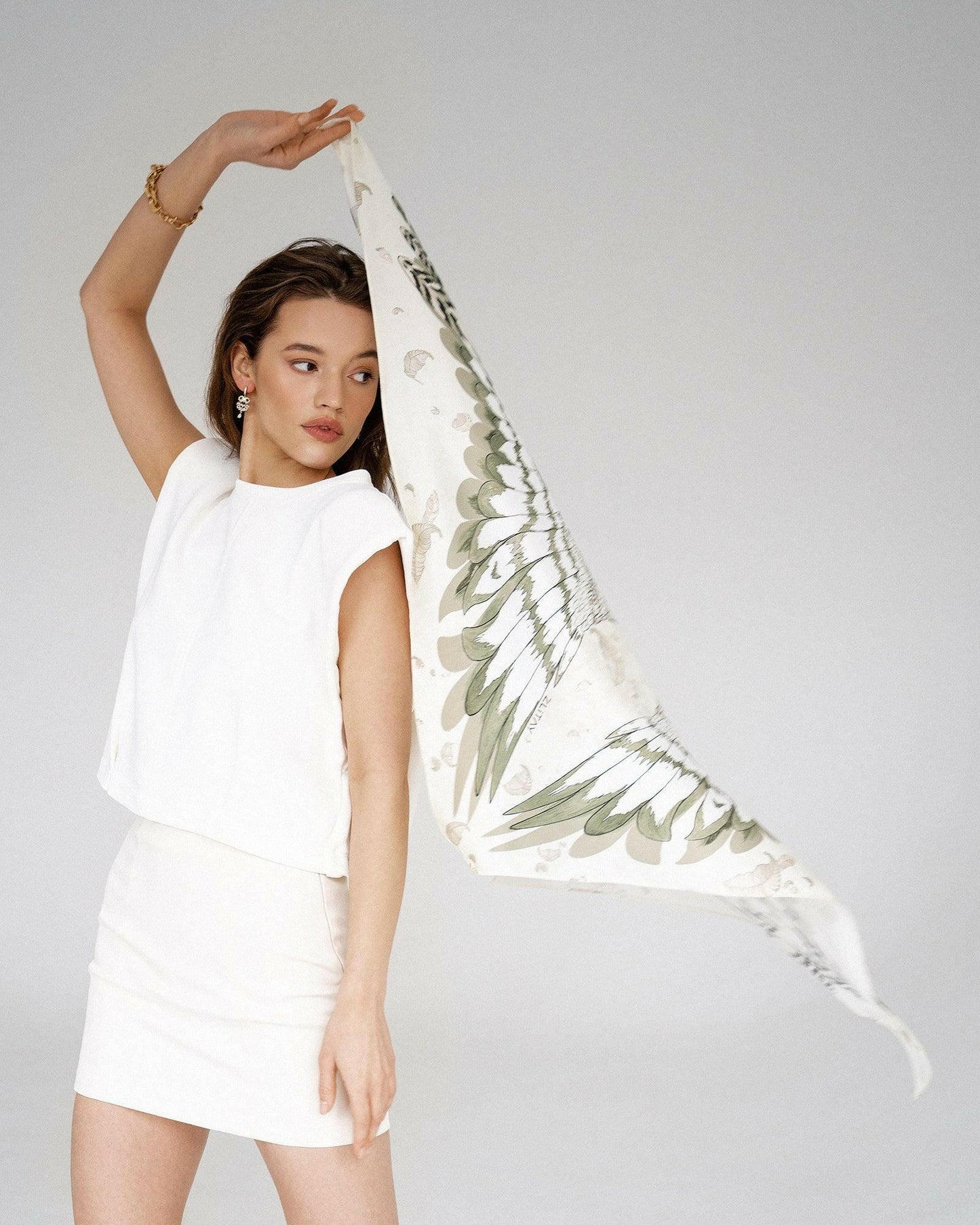 Silk Scarf with White Owl and Wings Design - Zlitay