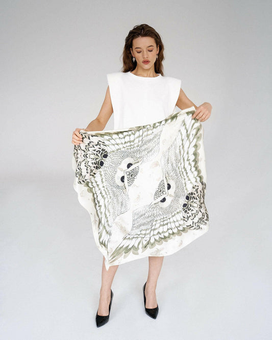 Silk Scarf with White Owl and Wings Design - Zlitay